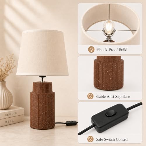 Image of ELARE Modern Brown Table Lamp with Cotton Fabric Shade, Warm Ambient Light, Bulb Included, Wired Bedside Lamp for Bedroom, Living Room, Study & Office