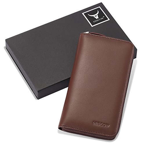 Image of HISCOW Leather Checkbook Cover, Zippered Wallet with Card Slots, Brown | Full grain cowhide, 5cc & ID window, personal check book & register pockets, removable duplicate divider, women secure zipper