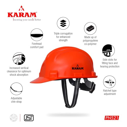 Image of KARAM PN521 Safety Helmet for Men Construction Helmet | Ratchet Type Adjustment with Adjustable Chin Strap | Work Helmet with Side Slot for Attachment | is:2925:1984 Certified | Orange | Pack of 5