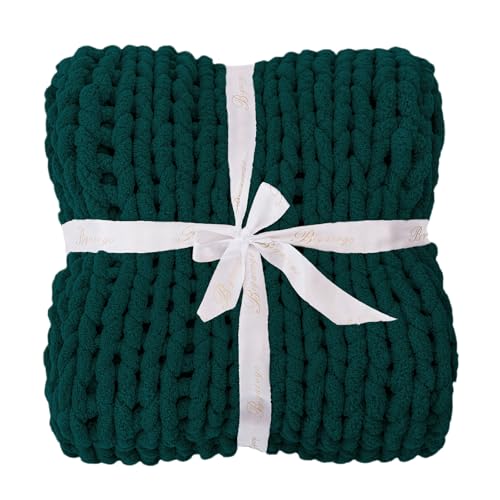 Bigacogo Chunky Knit Throw Blanket for Couch, 40x40 inches, 100% Hand Knitted with Thick Jumbo Chenille Yarn, Cozy Soft Large Rope Knot Cable Crochet Blankets for Sofa Bed Living Room, Dark Green
