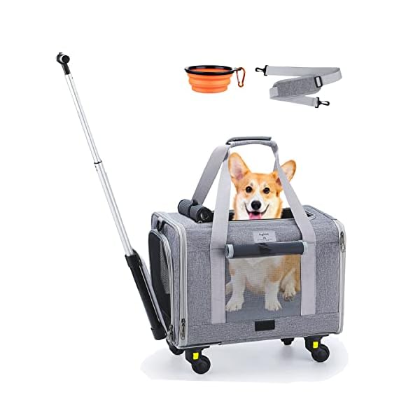 Dog Carrier with Wheels, Airline Approved Outdoor Rolling Pet Carrier with Telescopic Handle and Shoulder Strap for Travel, Grey