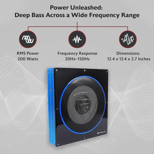 Image of Rockville RW10CA 10 inch 2-Ohm Slim Powered Under-Seat Car Subwoofer | 800W Peak, 200W RMS, Bass Knob, Auto Turn-On, Variable LPF, Bass Boost, Phase Switch, Deep Bass