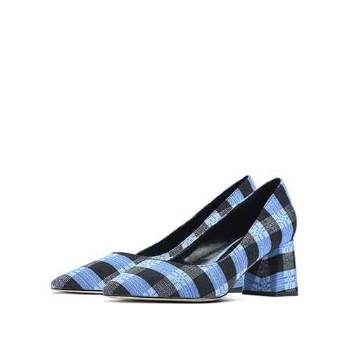 GOXEOU Mujer Bombas Estilo étnico Chino Guizhou Bouyei Culture Plaid Puntiagudo Sexy Tacón Grueso 3.1 Pulgadas Zapatos de Mujer, Tacón de Color F1 de 3.1 Pulgadas, 35 EU Cover