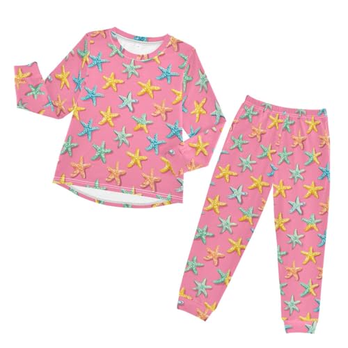 Colorful Starfish Pattern on Pink Soft Pajama Set for All Seasons,Breathable Pjs Long Sleeve Sleepwear,Comfy Loungewear 2 Piece Underwear Set 4T