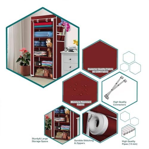 Image of Collapsible Foldable Wardrobe for Clothes | Portable Almirah with 6 Shelves & Hanging Space | Multi-Purpose Modular Storage Organizer | Fabric & Plastic Cupboard | Space-Saving Rack for Bedroom