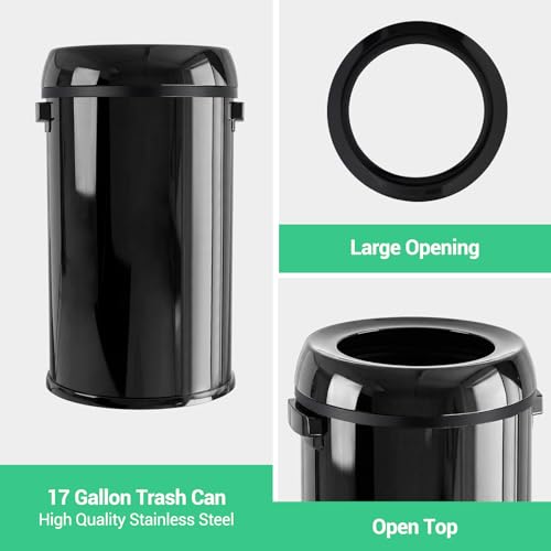 Image of Garvee 17 Gal /65 L Round Trash Can, Stainless Steel Open Top Garbage Can for Kitchen, Heavy Duty Commercial Trash Bin for Restaurant Home Office, Gloss Black | Stainless Steel Swing Top Garbage Can, Large Capacity Waste Bin for Kitchen Restaurant Home Office, Gloss Black