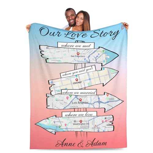 UOER Personalized Where We Met Blanket Custom Where It All Began Blanket Customzied Map Anniversary Valentine's Day Birthday Proposal Wedding Engagement Blanket Gift for Him Her Couple Wife Husband