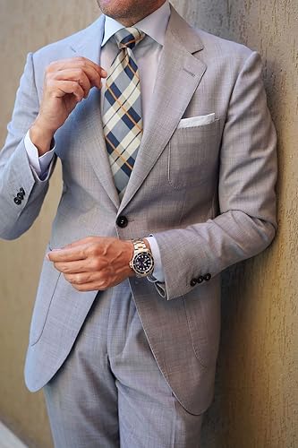 SetSense Men's Plaid Jacquard Woven Tie Necktie Set 8.5 cm / 3.4 inches in Width Brown/Navy Blue