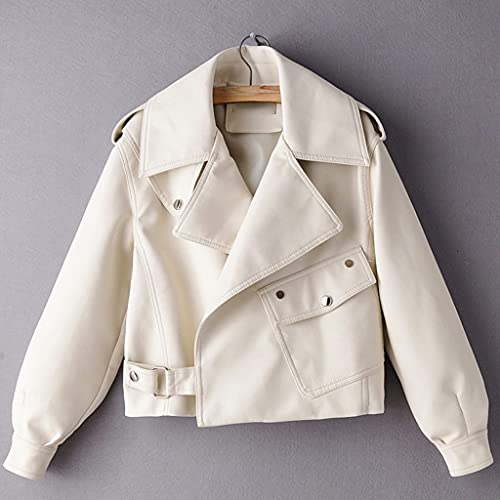 Wssbk Spring Fashion Retro Lapel Long Sleeve Short Pu Leather Washed Solid Color Leather Jacket (Color : C, Size : Medium) #TOP30