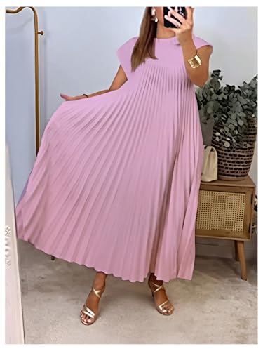 Image of GORGLITTER Women's Pleated Flowy Chiffon Church Dresses Elegant Summer Short Sleeve Wedding Guest Maxi Dress Outfits