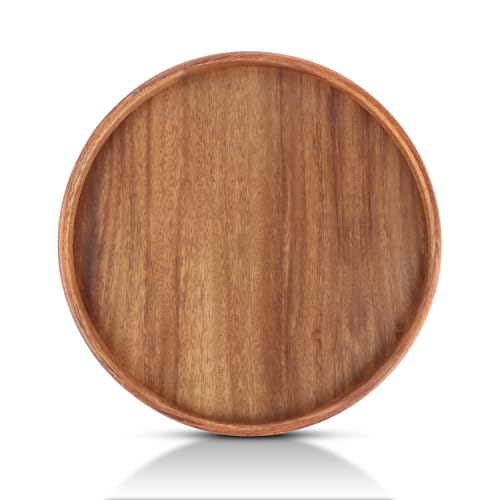 LDXDRU Bandeja decorativa redonda de 30 cm, rústica, nogal, madera, vintage, marrón, para café y decoración del hogar