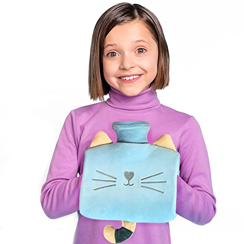 Bolsa de agua caliente con funda mullida, 1250 ml, botella de calor portátil para niños y adultos, lavable, mejor Navidad e invierno regalos (gato azul) Cover