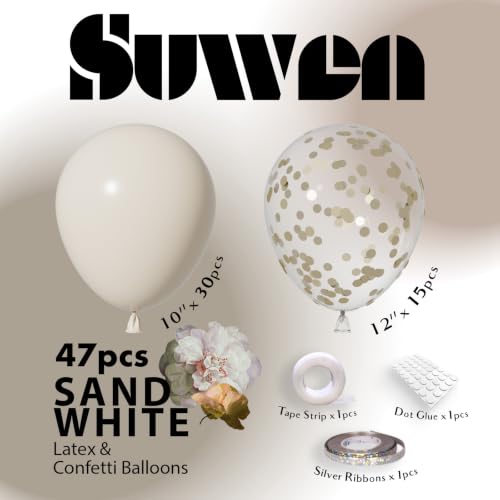 Image of SUWEN 47PCS White Sand Latex Balloons and Confetti Balloons Set