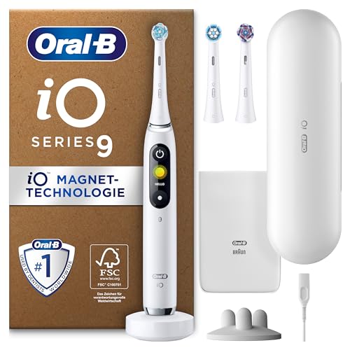 Oral-B iO Series 9 Plus Edition Elektrische Zahnbürste, Electric Toothbrush, PLUS 3 Aufsteckbürsten, 7 Modi für Zahnpflege, Lade-Reiseetui, Designed by Braun, white alabaster