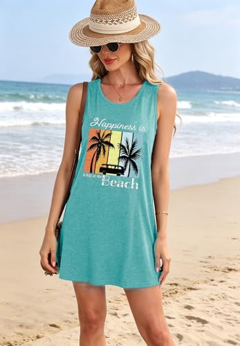 Image of Summer Tank Dress for Women Sunset Palm Tree Beach Vacation Cover Up