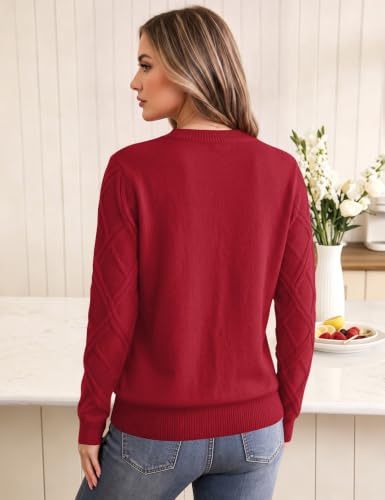 LOMON Ladies Sweaters Cable Knit Sweater Long Sleeve Casual Tops, Red L - image 6