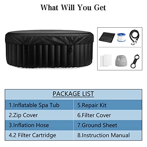 Edostory Inflatable Hot Tub Spa 2-4 Person Outdoor AirJet Spa with 90 Bubbles Jets, Oval Portable Blow up Hot Tub with 2 Filter Cartridges, Built-in Pump, Side Table and Tub Cover, Black