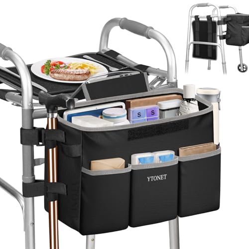 Ytonet Walker Basket for Folding Walker, Detachable Walker Tray, Large Capacity Basket with Cup Holder, Never Tipping Over, Water-Resistant Non-Slip Walker Accessories Basket for Seniors, Handicap