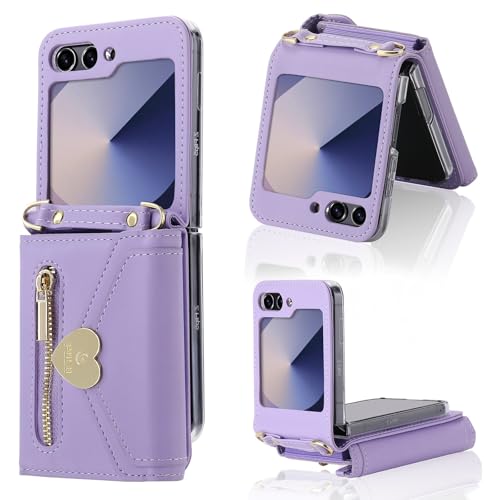 for Samsung Galaxy Z Flip 6 Case with Love Flip Wallet, Large Capacity for 8 Card Slots, and Long Strap - a Mini, Fashionable Crossbody Bag for Young, Stylish Women Shopping(Z Flip 6,Purple)