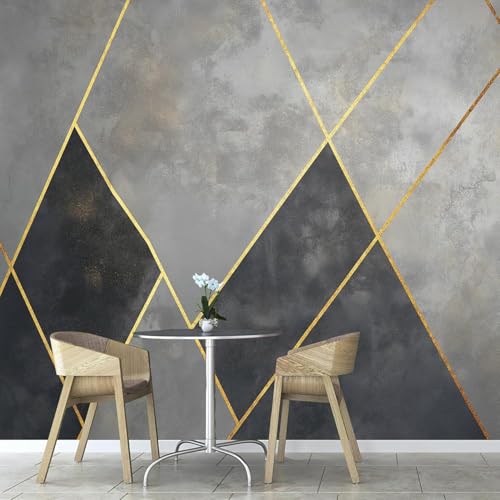 Fotomurales Decorativos Pared Geometría Moderna 3D Mural Autoadhesivo Pared Gris y Dorado Papel Pintado Tela de Seda Papel Tapiz Panorámico 400x280 cm B-4754