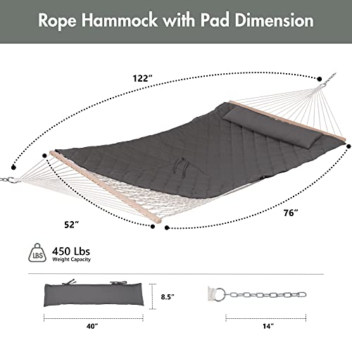 Image of ANOW Outdoor Rope Hammock with Spreader Bars, Heavy Duty Hammock with Pad for Outdoors Indoors, 450 LBS Weight Capacity, Gray