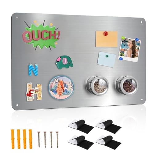 42x30cm Metall Magnettafel, Beschreibbar Magnetboard Wandmontierbar Magnettafel inklusive 4 Klettverschluss Starken Magnetwand für Kühlschrank Küche Kabine Schrank Grau