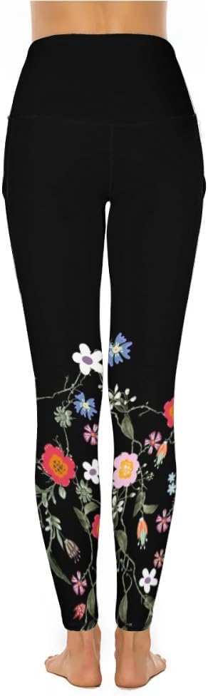 Women's Workout Leggings with Pockets Floral High Waisted Tummy Control No See Through Stretch Activewear Running Yoga Pants
