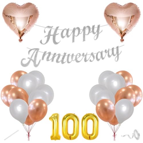 Image of Flyloons 100th Happy Anniversary Decoration Items Rose Gold White for Men Women Husband Wife Mom Dad Parent Couple Home Bedroom Car With 20 Pcs Metallic Balloons Anniversary Banner 2 Pcs Heart Set Kit