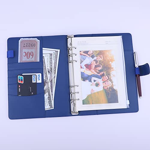 Image of Antner A5 Notebook Photocard Binder with 6 Ring Planner, PU Leather Refillable Budget Binder Loose Leaf Organizer Cover with Magnetic Buckle for Budgeting, Navy Blue