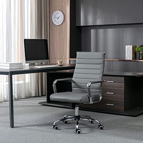 Bowthy Home Office Chair Ribbed, Modern Leather Conference Room Chairs, Ergonomic Office Desk Chair, High Back Executive Computer Chair, Adjustable Swivel Chair With Arms (Grey) #TOP1