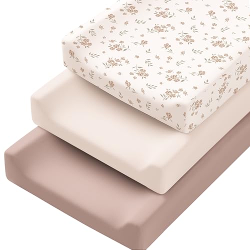 Image of Konssy 3 Pack Stretchy Changing Pad Covers, 32 inchx16 inch Changing Table Sheets | Silky Soft & Breathable Fabric, 360 Full Elastic Fit, Floral Printed & Solid Designs, for Baby Girls & Boys (Blossom)