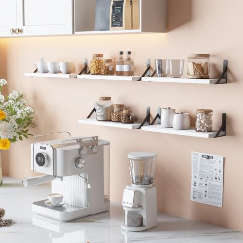 Image of YGEOMER 16.5 Inch Floating Shelves for Wall, Farmhouse Wall Shelves for Bedroom, Bathroom Storage, Living Room and Kitchen Decor (Set of 6 White)