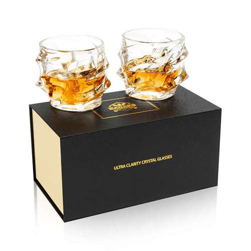 KANARS Whiskey Glass 11 Oz, Set of 2 Crystal Rock Glasses for Scotch Bourbon Snifter Brandy Irish Whisky, Unique Liquor Tumblers for Men Dad Gift