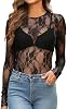 Top de malla para mujer OFEEFAN de manga larga con encaje, cuello redondo, ajustado, transparente 4
