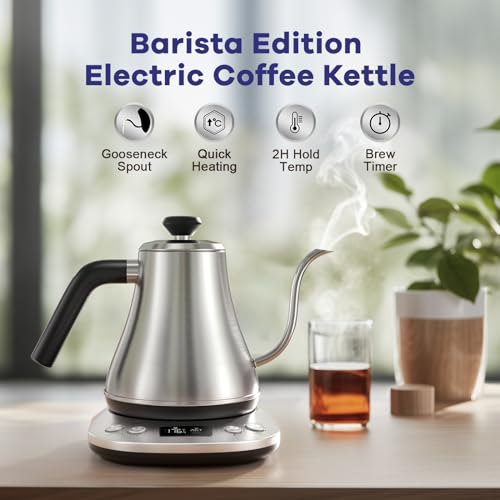 Mecity Electric Gooseneck Kettle With LCD Display Automatic Shut Off Retro Coffee Kettle Temperature Control Hot Water Boiler to Pour Over Tea, 1200 Watt Quick Heating Tea Pot, 0.8L, Stainless Steel