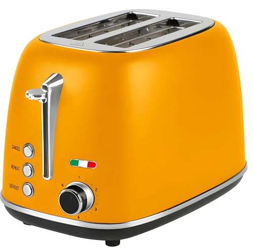 Vintage Toaster – Mango Orange Stainless Steel 2 Slice, 825W – Extra Wide Slots, 6 Browning Levels, Defrost & Reheat, High-Lift Lever