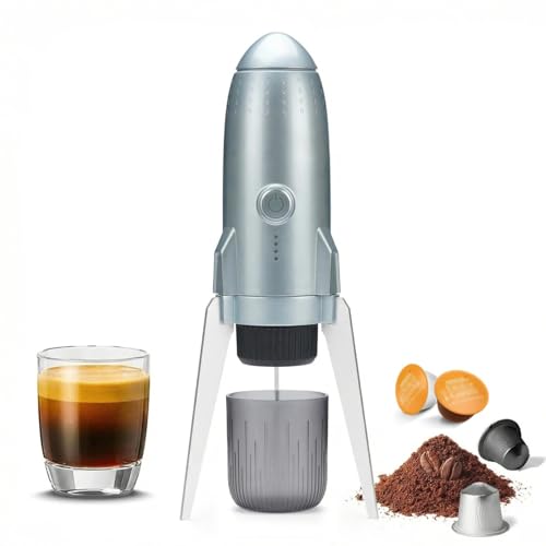 HAILASRE Cafetera eléctrica portátil de café espresso de viaje para camping, autocalentamiento 3 en 1 para café molido y cápsulas DG NS para viajes, camping y senderismo (gris espacial)