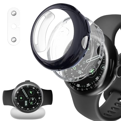 HeeNia Google Pixel Watch 4 45mm �Ή� �P�[�X �V���R���ގ� �ی�P�[�X TPU�� �J�o�[ �Ռ��z�� ���y�� �_�� �Ռ��h�~ �C�菝�h�~ ���E�ȒP �ی�J�o�[ �O�[�O���s�N�Z��Watch 4 45mm �p (�u���b�N+�N���A