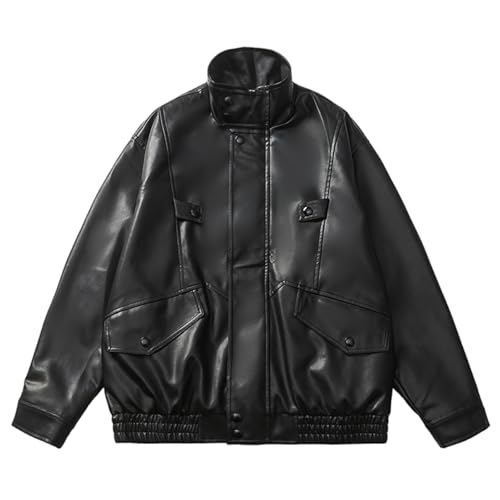 Image of Mens Faux Leather Jacket Full-Zip Stand Collar Outerwear Lightweight Motorcycle Jacket