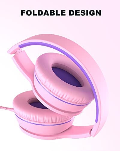 Image of ELECDER i45 On-Ear Headphones with Microphone - Foldable Stereo Bass Headphones with No-Tangle 1.5M Cord, 3.5MM Jack, Portable Wired Headphones for School /Kids /Teens /Smartphones /Travel /Tablet - Pink | Foldable Portable, 1.5M Cord Headphone Stereo Aux Jack 3.5mm Headset for Smartphones Chromebook Computer PC Airplane Travel