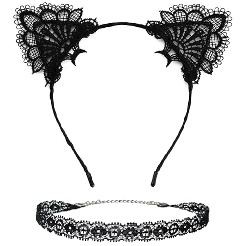 Villorem 2Pcs Lace Cat Ear Headband & Collar for Women - Halloween Bachelorette Party Cosplay Costume Accessory