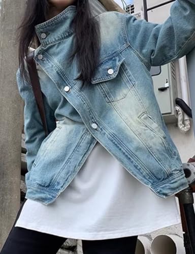 Kwoki Women's Casual Denim Jacket Cross Button Front Long Sleeve Stand Collar Jean Coat with Pockets4