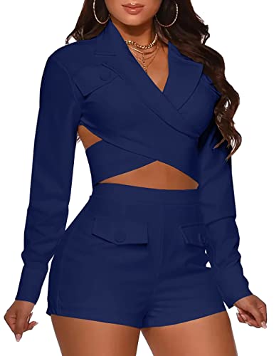 Bigeoosh Womens 2 Piece Sexy Outfits Criss Cross Crop Top And Bodycon High Waist Shorts Set Navy Blue #TOP17