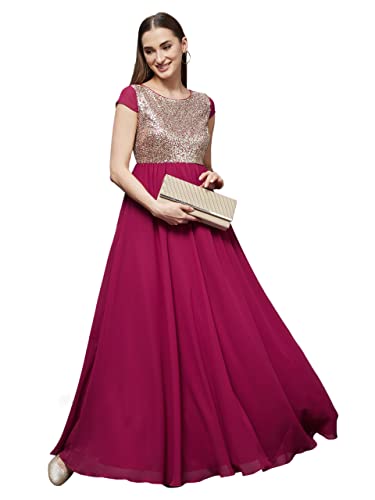 Image of Miss Chase Women's Round Neck Sleeve Embellished Fit Flare Maxi Dress