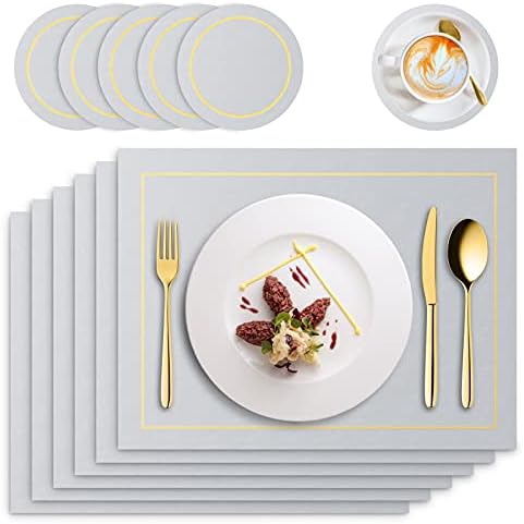 RIWNNI Placemats and Coasters Sets of 6 Silver Grey Christmas Table Mats 41x31cm Washable Waterproof PU Leather Table Place Mats and Coaster Sets for Home Restaurant