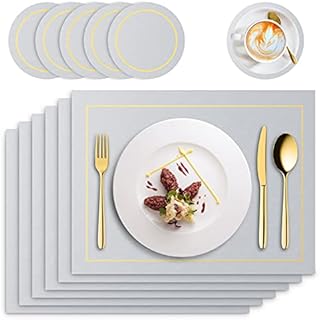 RIWNNI Placemats and Coasters Sets of 6 Silver Grey Christmas Table Mats 41x31cm Washable Waterproof PU Leather Table Place Mats and Coaster Sets for Home Restaurant
