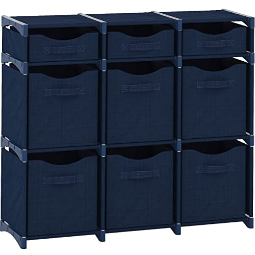 Image of 9 Cube Distressed Organizer with Drawers - Easy Assemble - Baby, Kids Dorm Room Organizer (Navy)