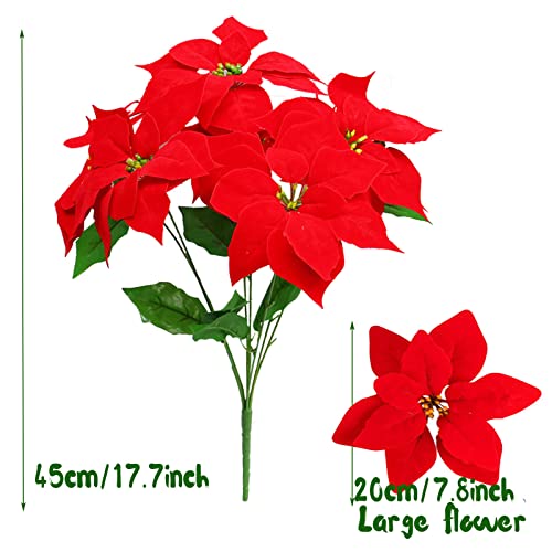 Groumh Red Artificial Poinsettia Bushes Silk Fabric Poinsettia Bushes, Artificial Poinsettia Bouquet,5 Stems Each,Fake Poinsettias Flowers Christmas Holiday Decoration Arrangements 7.9Inch Large Fower #TOP1