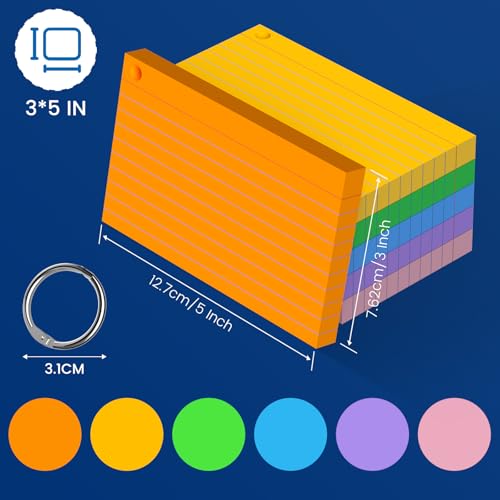 Flash Cards 3x5 Flashcards, 300 PCS Index Cards 3x5 Cue Cards, Colored Lined Paper Cards Revision Flash with 6 Metal Binder Ring, Record Recipe Study Flash Cards for Taking Notes,  image 6