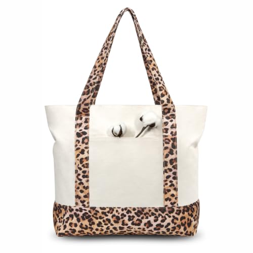 Image of TOPDesign 1-Pack Canvas Tote Bag with an External Pocket, Reusable Grocery Shopping Bag, Top Zipper Closure, Daily Essentials (Leopard /Natural)